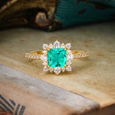 Princess Cut 1.2 Carat Emerald Pave Ring Halo Engagement Ring
